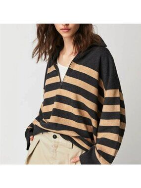 Free People Coastal Stripe black & camel color Pullover Oversized sweater Medium